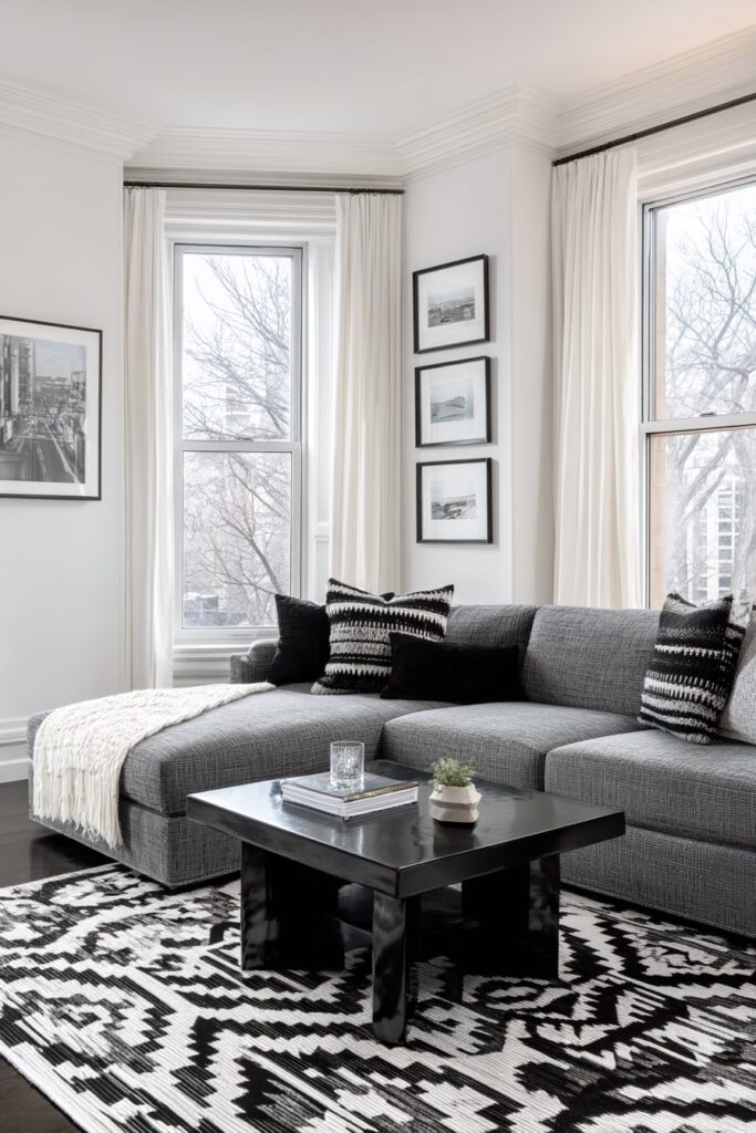 Sophisticated Charcoal and Contrast Living Space