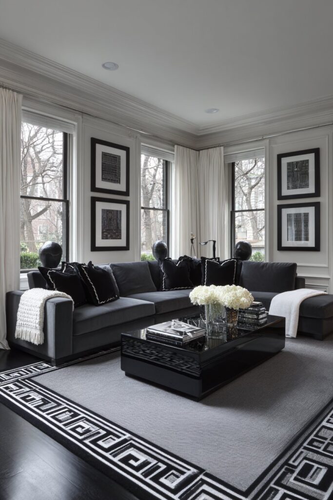 Sophisticated Charcoal and Contrast Living Space