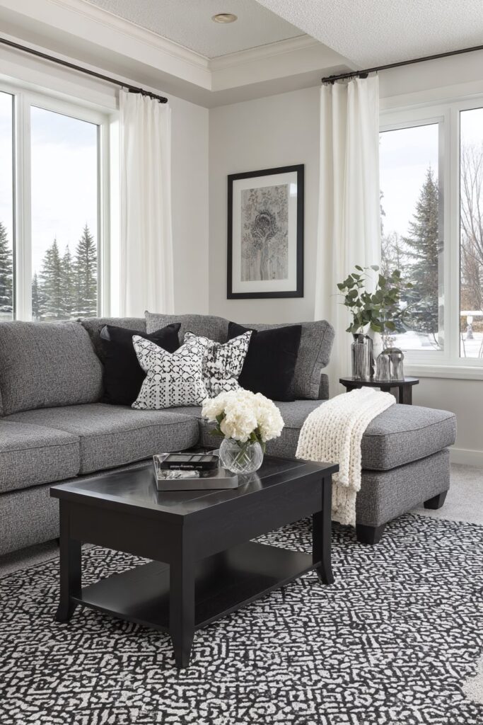 Sophisticated Charcoal and Contrast Living Space