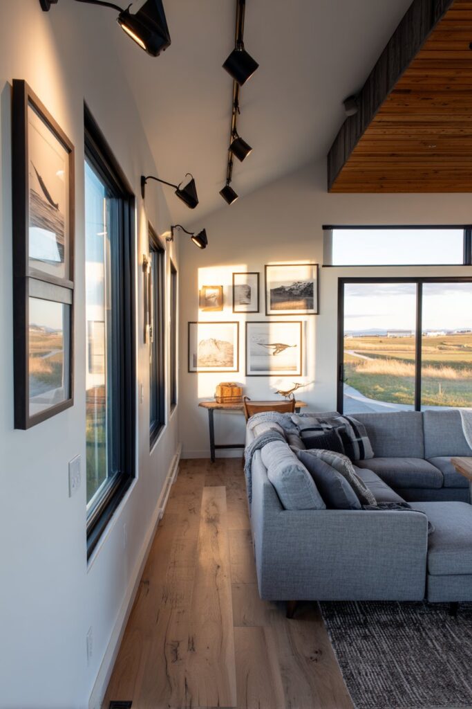 Modern Gallery-Inspired Living Room with Adjustable Track Lighting