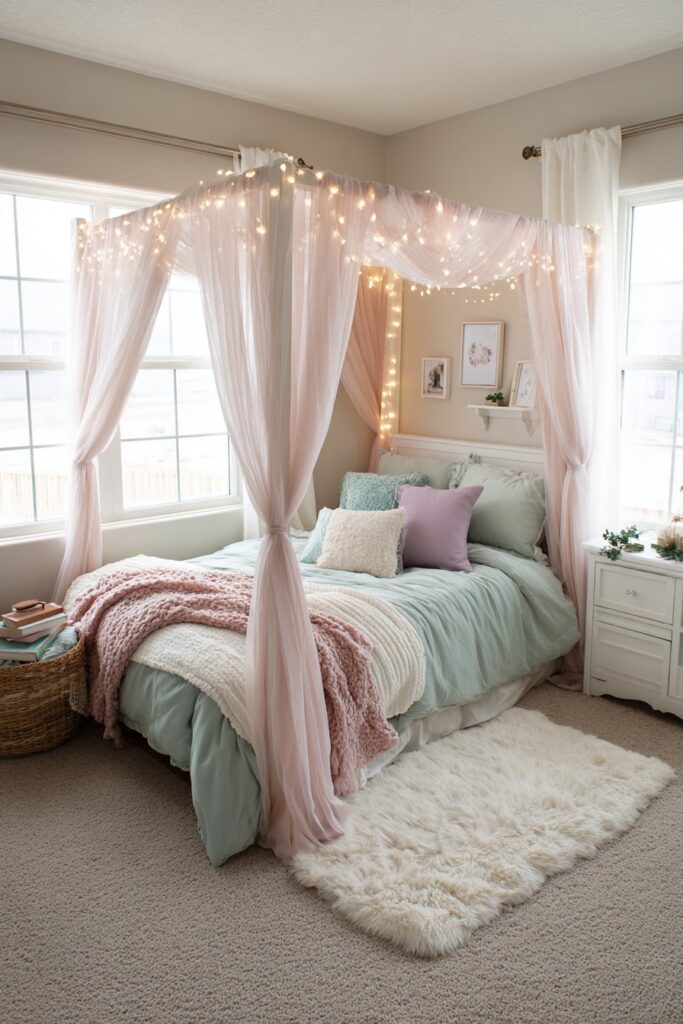 Dreamy Canopy Bed Sanctuary with Fairy Light Enchantment