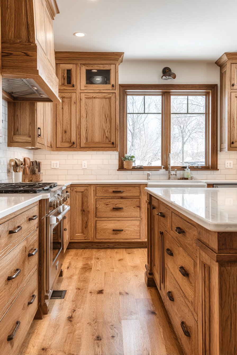 Traditional Honey-Toned Oak Kitchen with Quartz Elegance