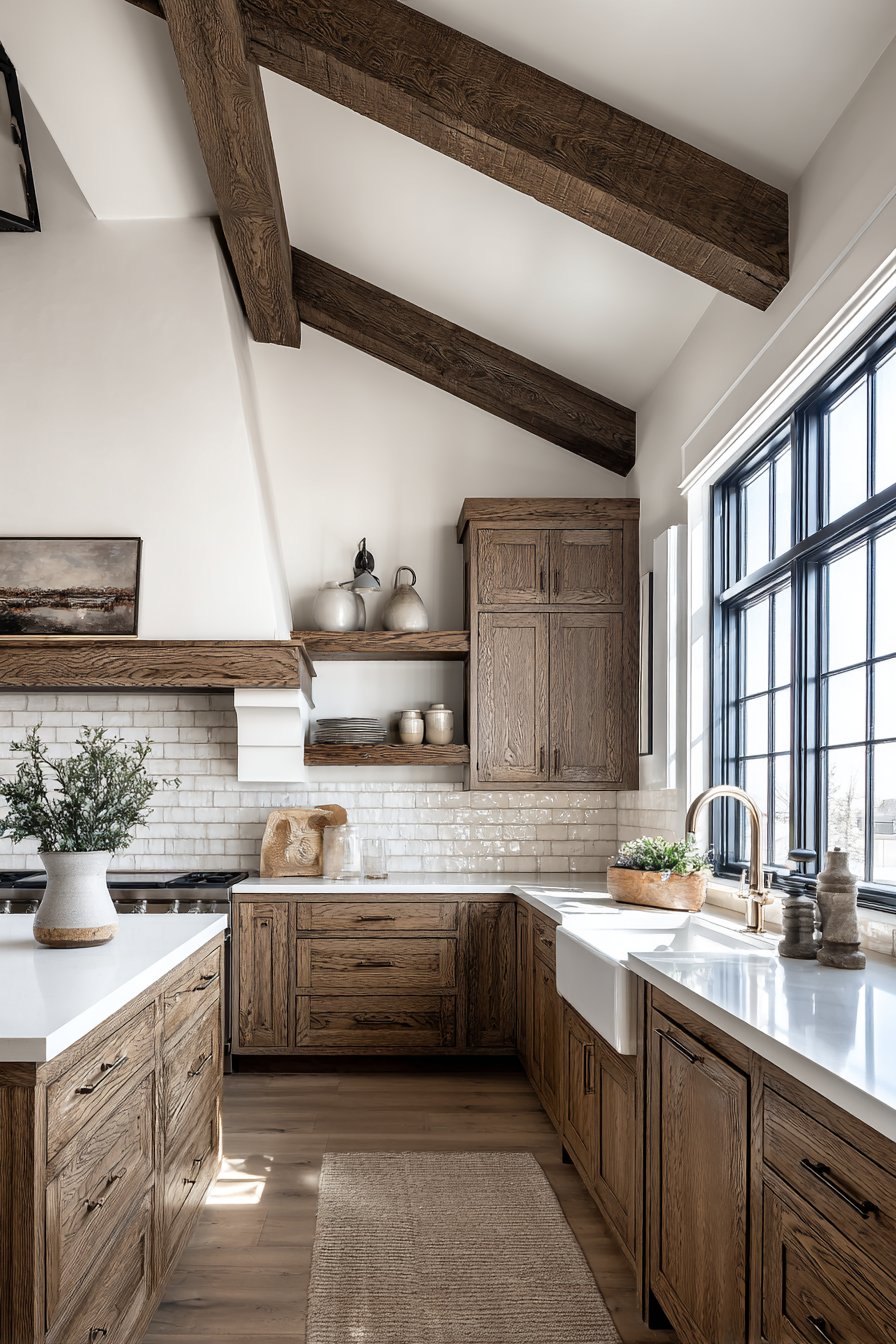Traditional Honey-Toned Oak Kitchen with Quartz Elegance