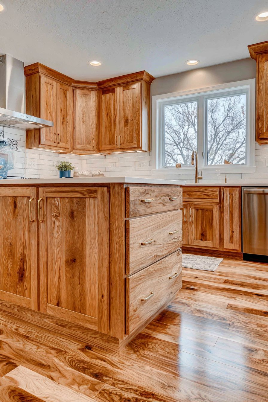 Traditional Honey-Toned Oak Kitchen with Quartz Elegance