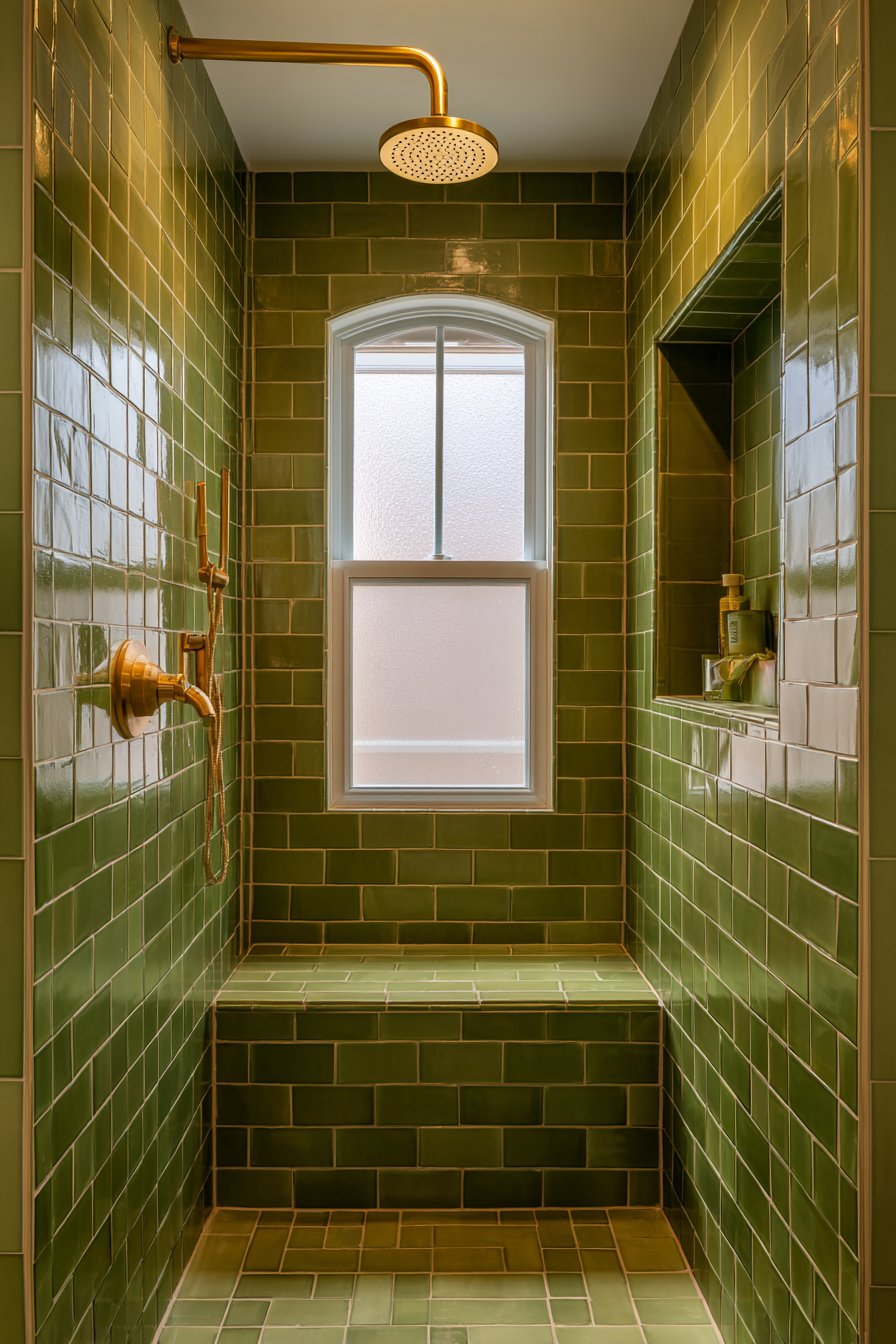Luxurious Walk-In Shower with Olive Green Subway Tiles