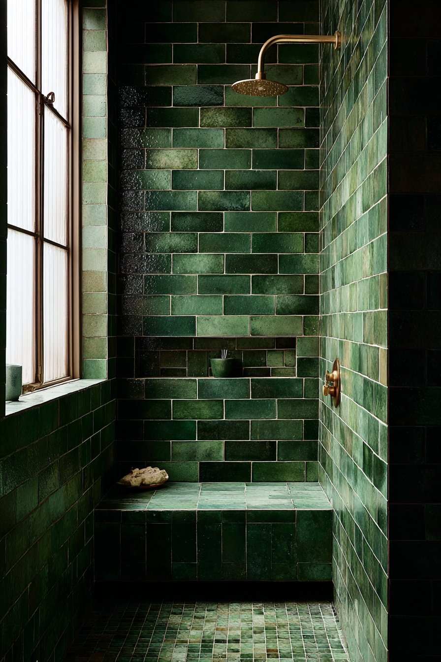 Luxurious Walk-In Shower with Olive Green Subway Tiles