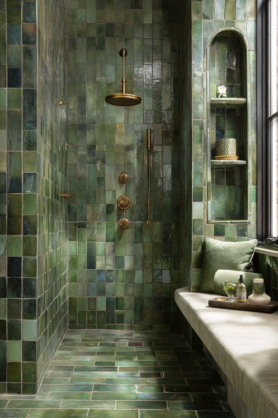 Luxurious Walk-In Shower with Olive Green Subway Tiles