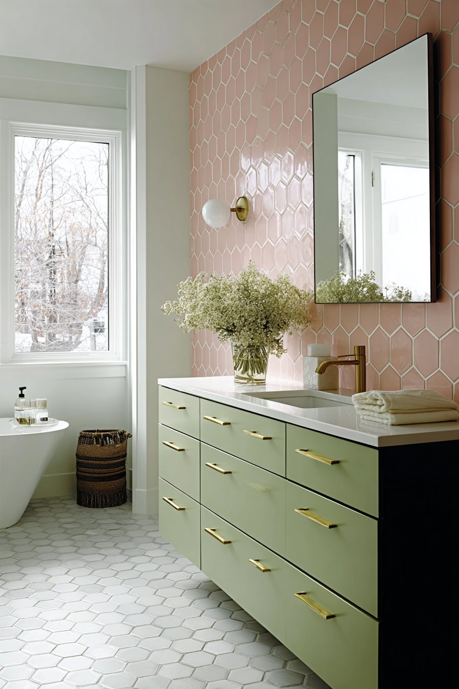 Contemporary Floating Vanity with Soft Sage and Blush Accents