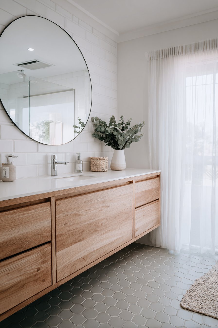 Bright Minimalist Scandinavian Bathroom with Natural Ash Vanity