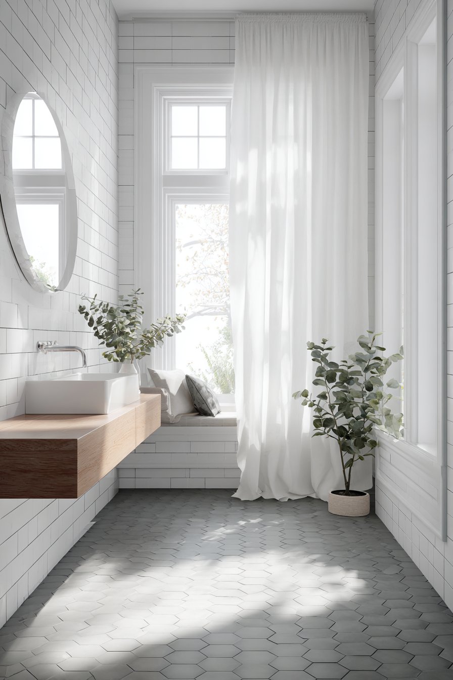Bright Minimalist Scandinavian Bathroom with Natural Ash Vanity