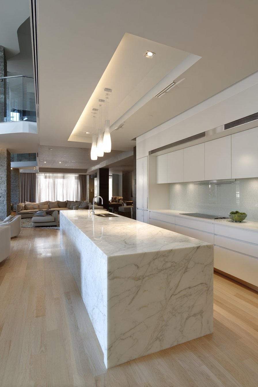 Modern Central Island with Waterfall Edge