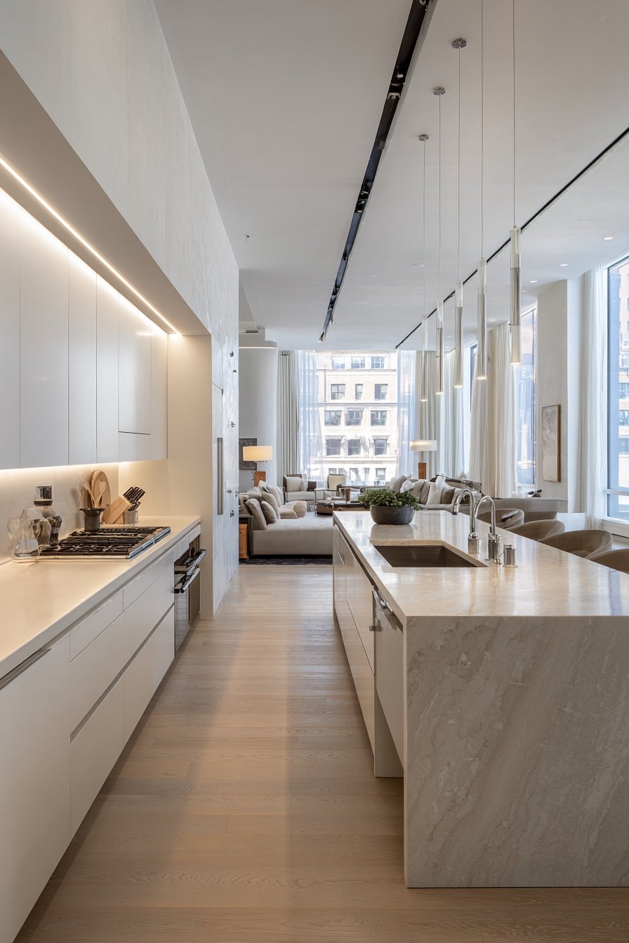 Modern Central Island with Waterfall Edge