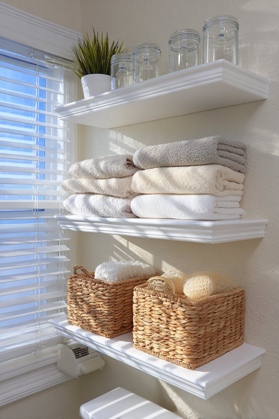 Floating Shelves Above Toilet for Minimalist Organization