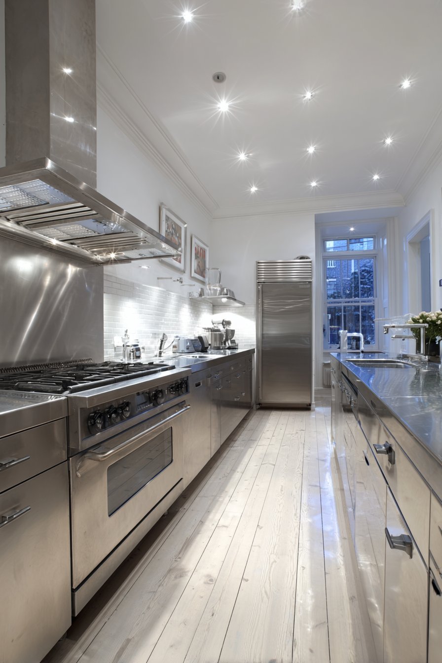 Professional-Grade Culinary Workspace with Brushed Stainless Steel Finishes