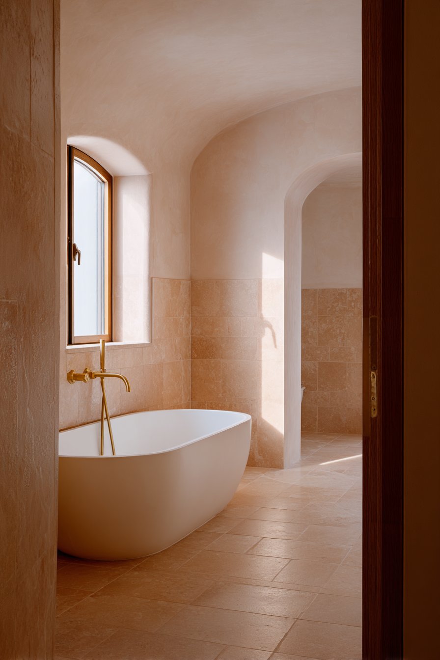 Mediterranean Clay Elegance with Freestanding Tub