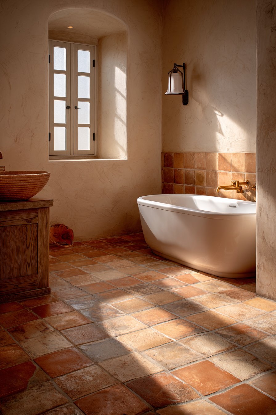 Mediterranean Clay Elegance with Freestanding Tub