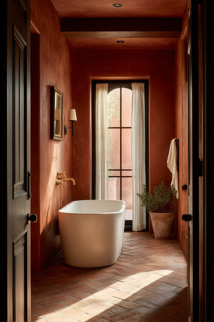 Mediterranean Clay Elegance with Freestanding Tub