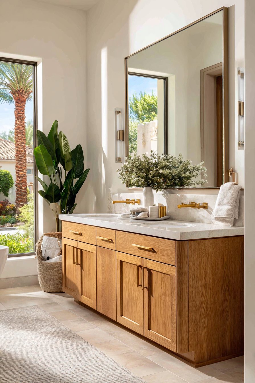 Floating Double Vanity with Natural Oak and Brushed Gold Accents