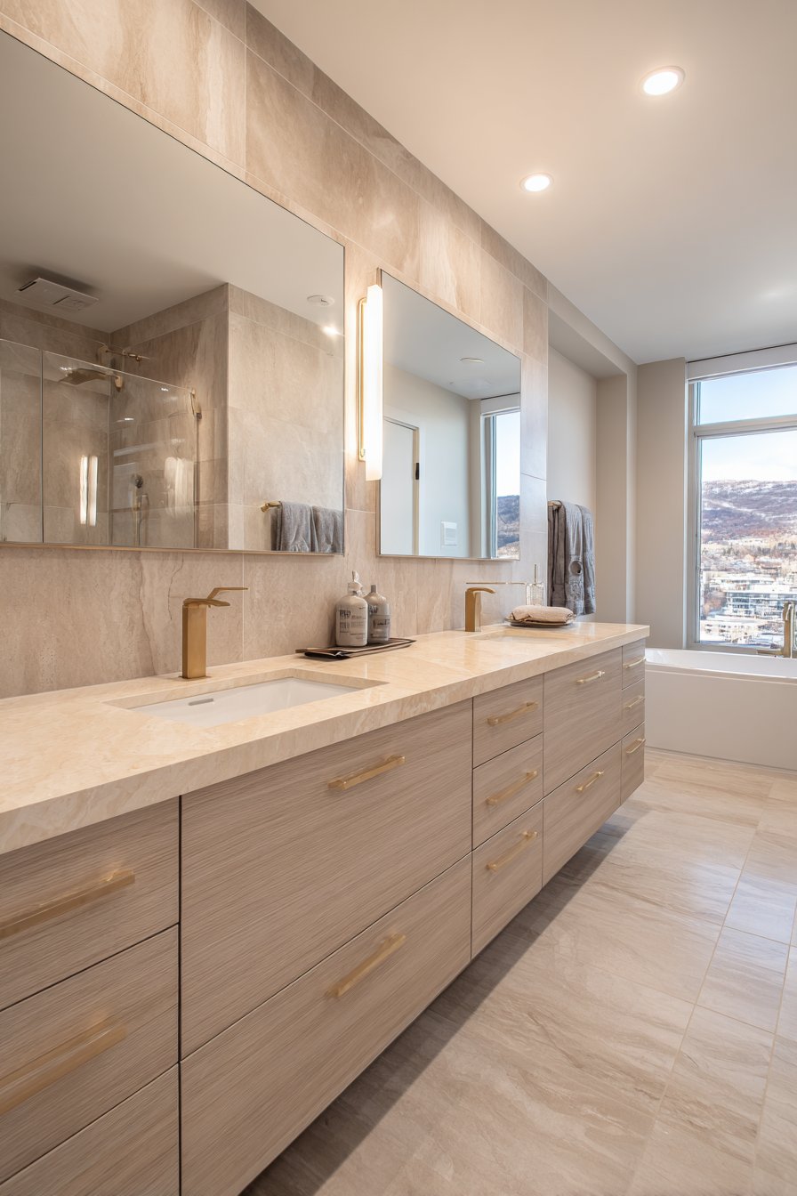Floating Double Vanity with Natural Oak and Brushed Gold Accents