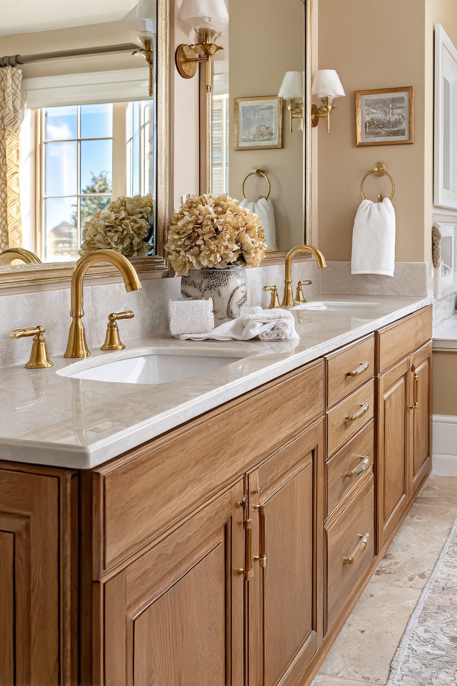 Floating Double Vanity with Natural Oak and Brushed Gold Accents