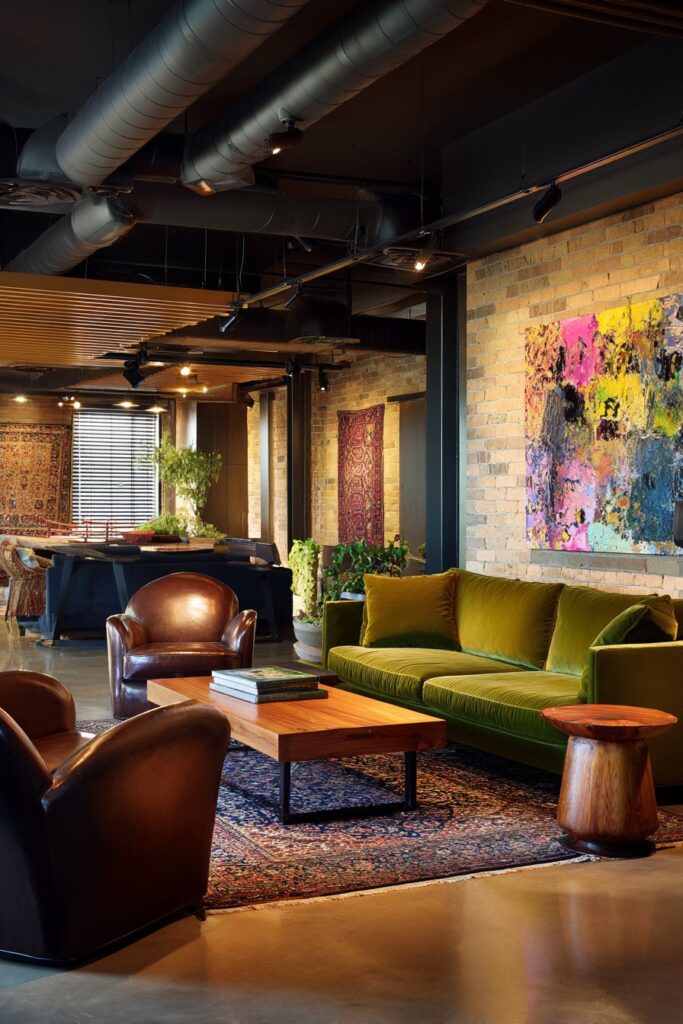 Eclectic Living Room with Warm-Toned Track Lighting