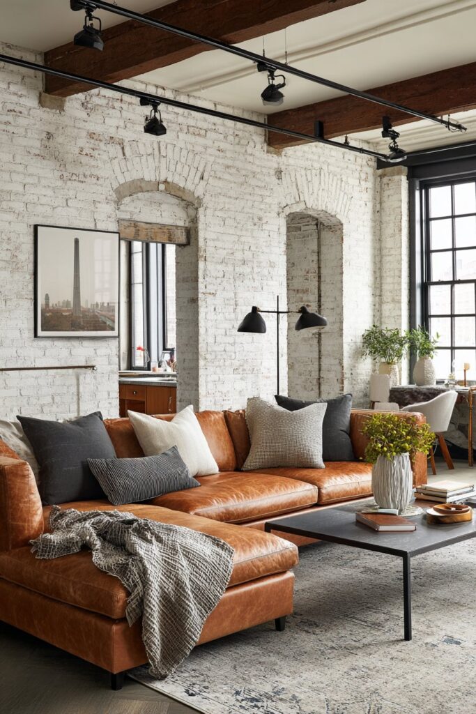 Industrial Loft Living Room with Exposed Beam Track Lighting