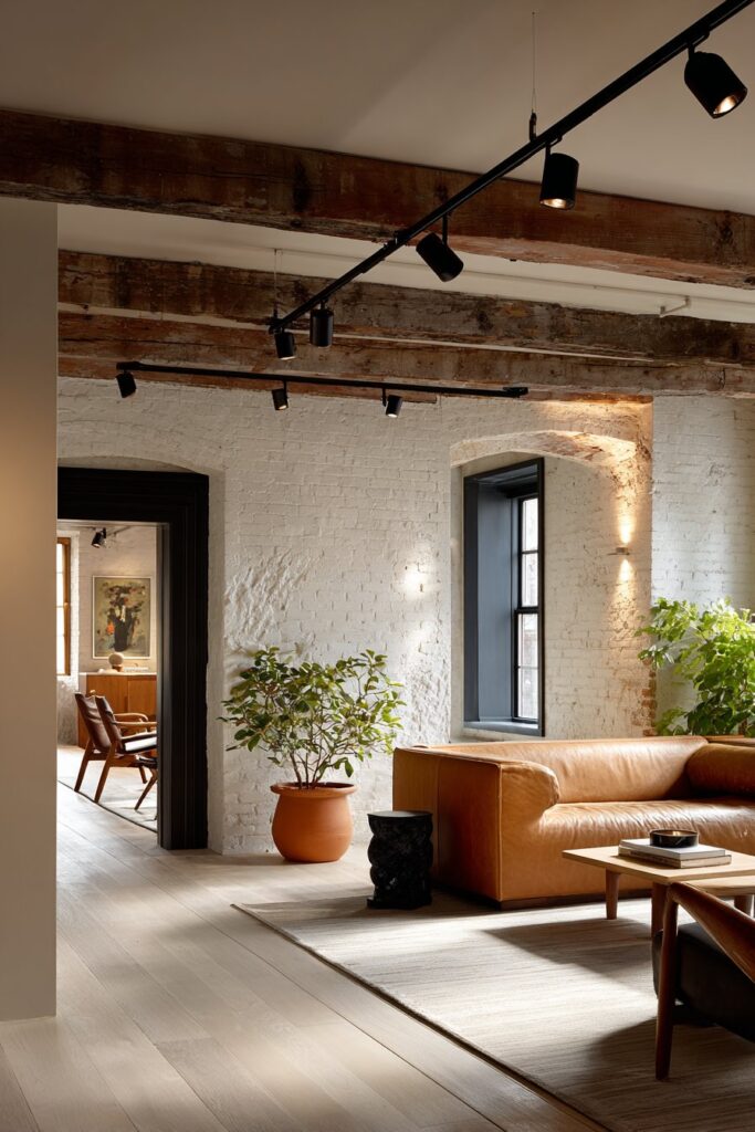 Industrial Loft Living Room with Exposed Beam Track Lighting