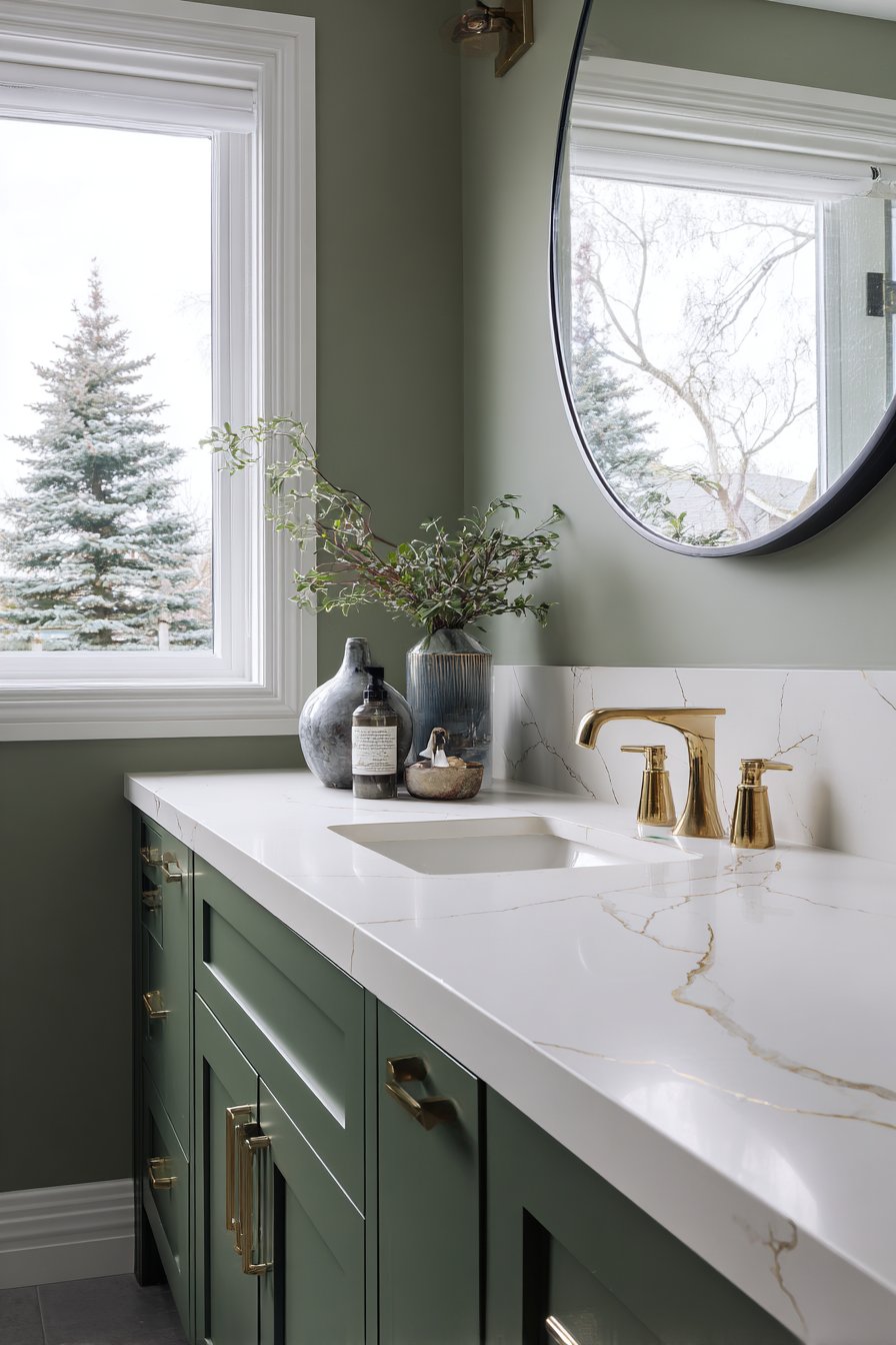 Contemporary Vanity Area with Deep Olive Green Cabinetry