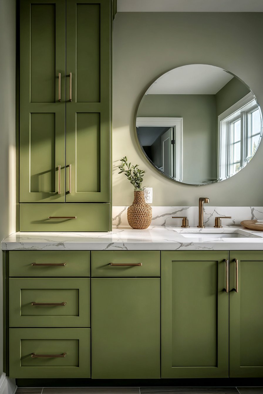 Contemporary Vanity Area with Deep Olive Green Cabinetry