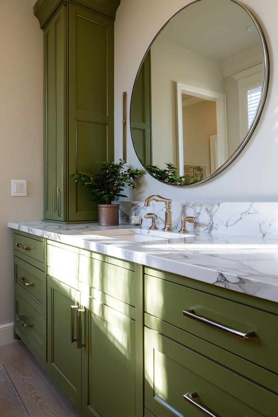Contemporary Vanity Area with Deep Olive Green Cabinetry