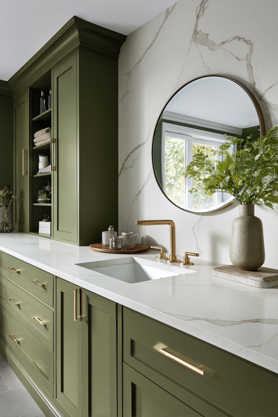 Contemporary Vanity Area with Deep Olive Green Cabinetry