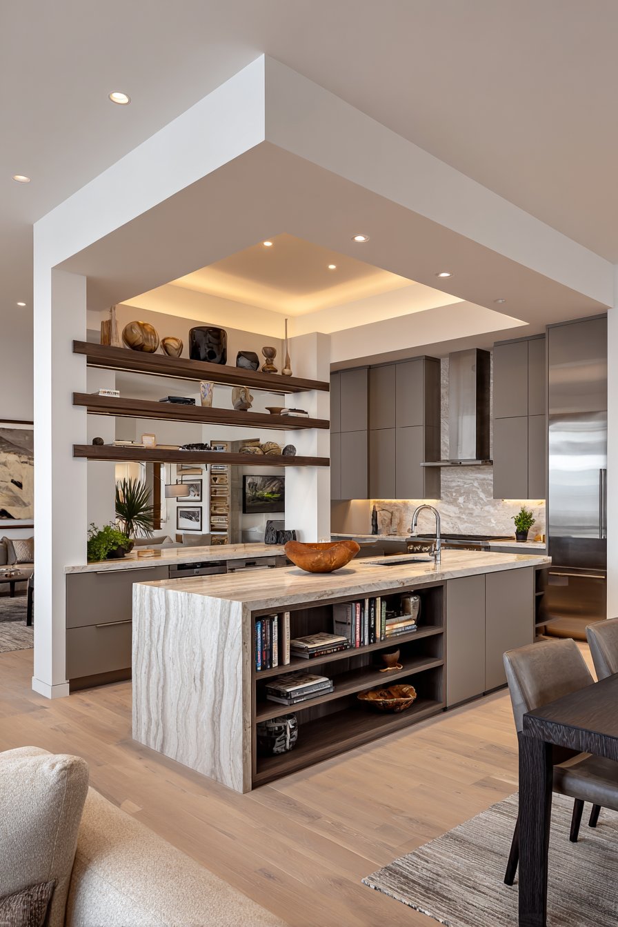 Contemporary Half-Height Partition with Open Shelving