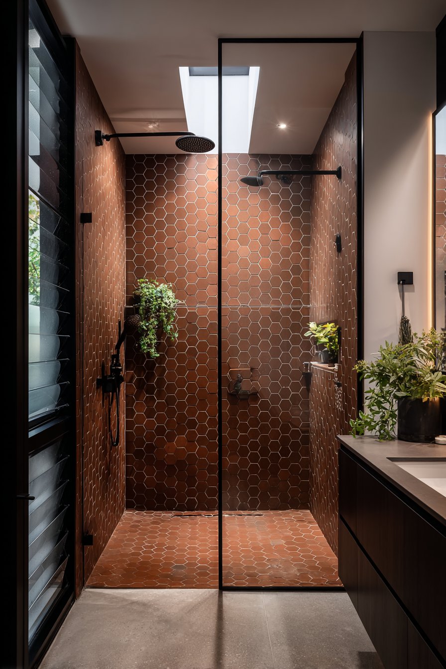 Modern Geometric Shower with Hexagonal Tiles