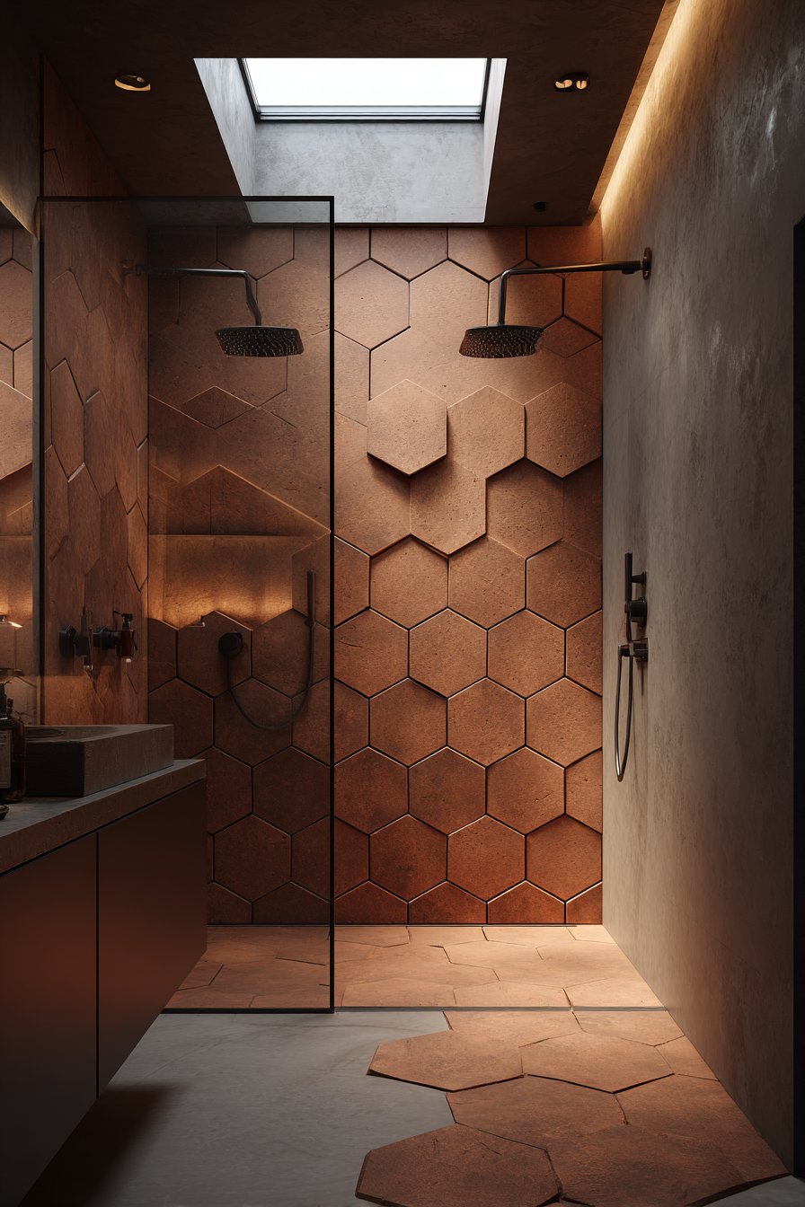 Modern Geometric Shower with Hexagonal Tiles