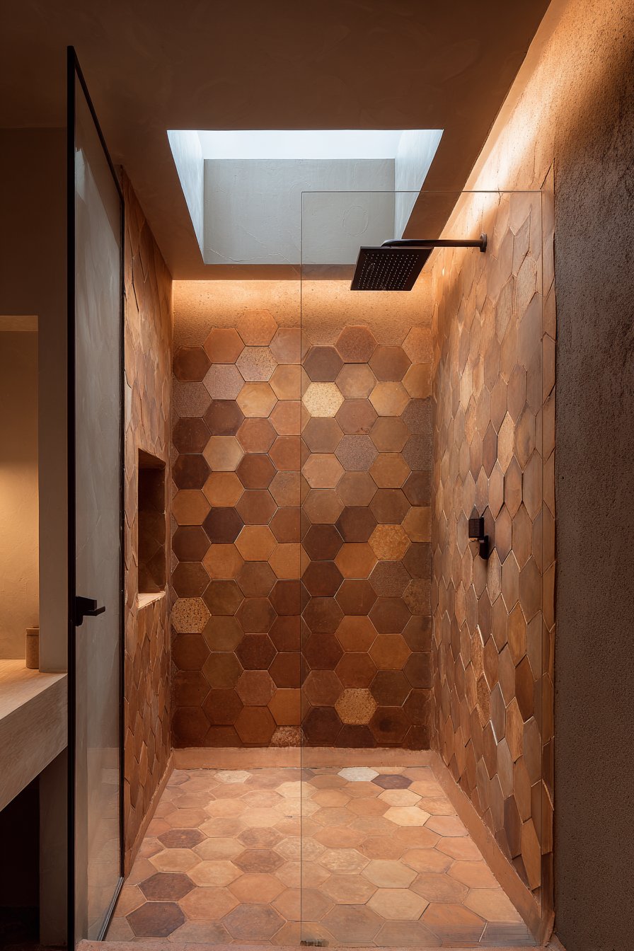 Modern Geometric Shower with Hexagonal Tiles