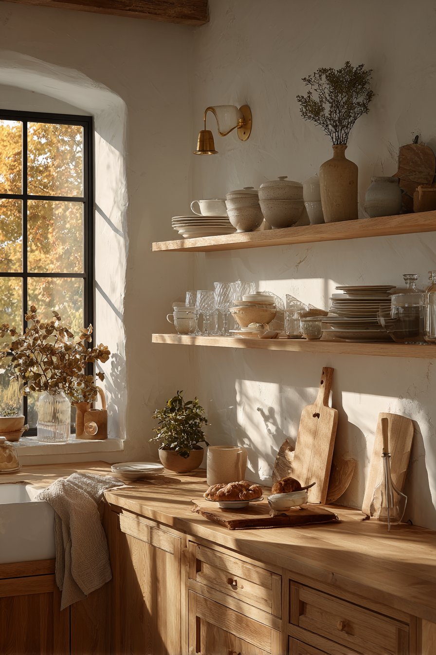 Cozy Oak Kitchen with Glass-Front Display Cabinets