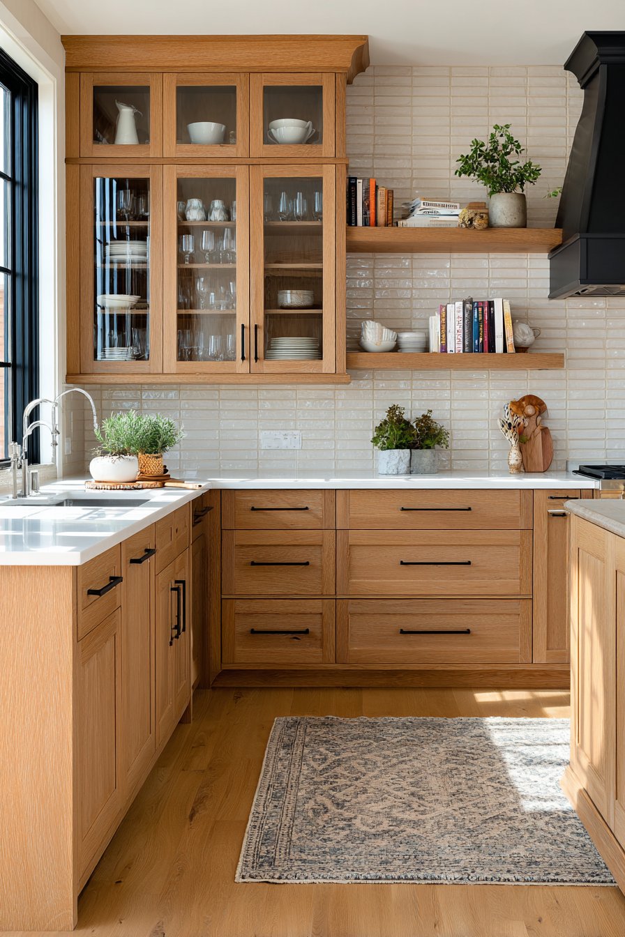 Cozy Oak Kitchen with Glass-Front Display Cabinets