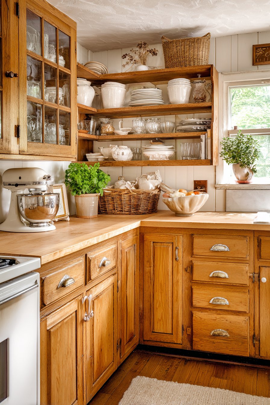 Cozy Oak Kitchen with Glass-Front Display Cabinets