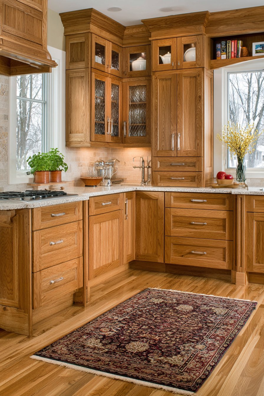 Cozy Oak Kitchen with Glass-Front Display Cabinets
