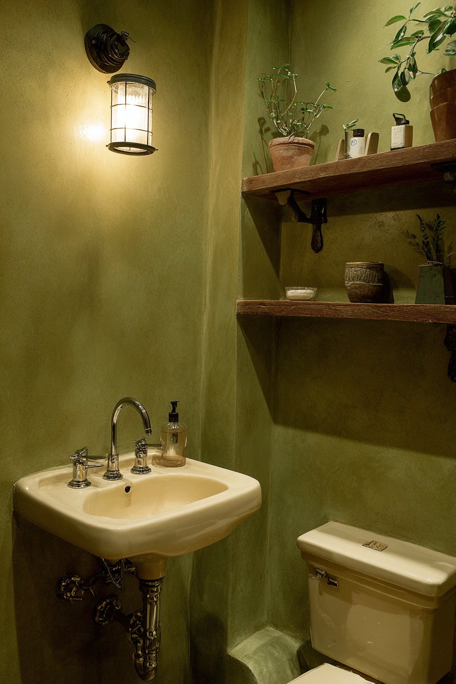 Intimate Powder Room with Warm Olive Green Walls