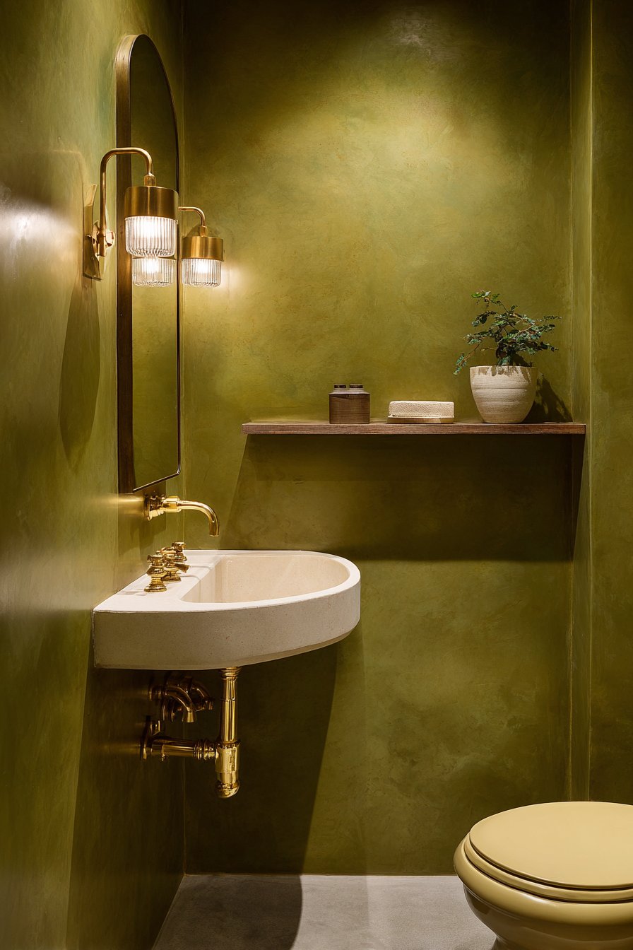Intimate Powder Room with Warm Olive Green Walls