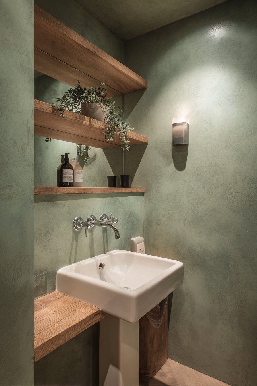 Intimate Powder Room with Warm Olive Green Walls