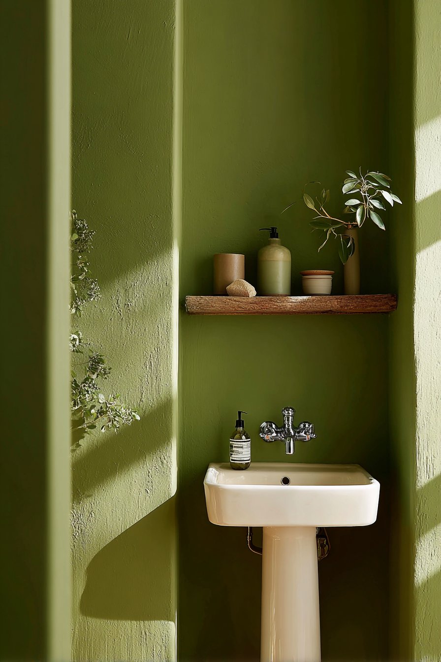 Intimate Powder Room with Warm Olive Green Walls