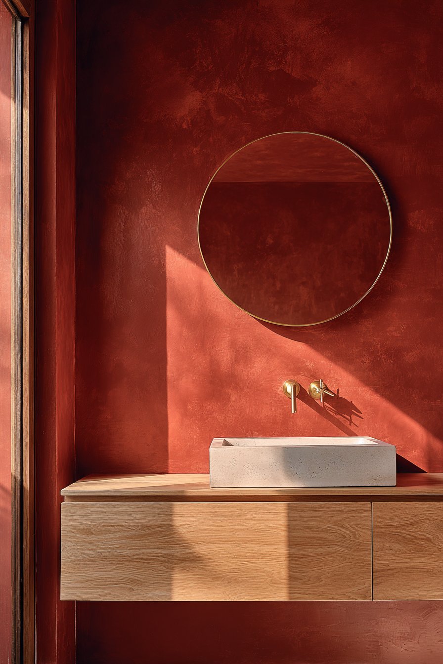 Floating Vanity Against Textured Terracotta Wall