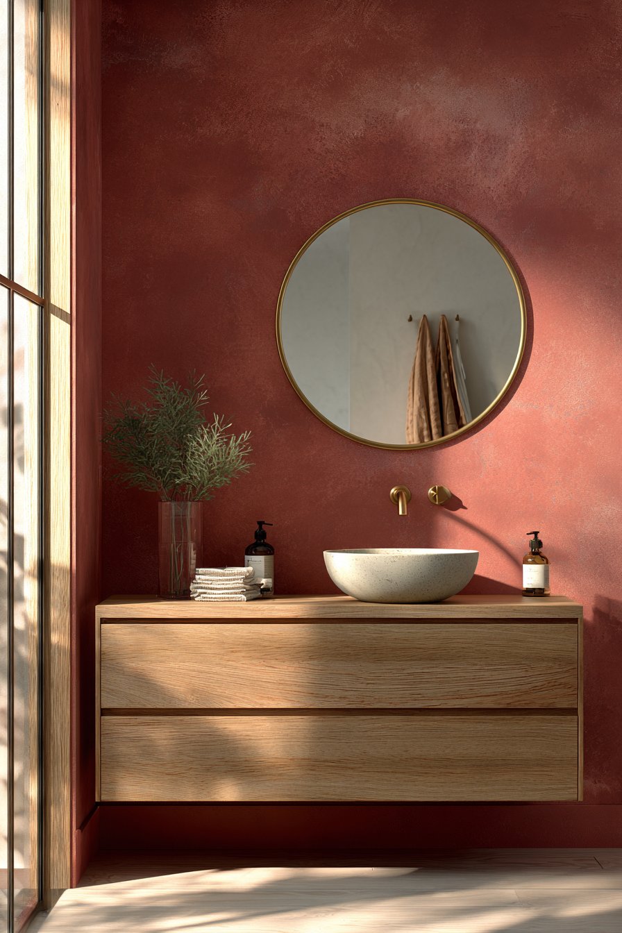Floating Vanity Against Textured Terracotta Wall