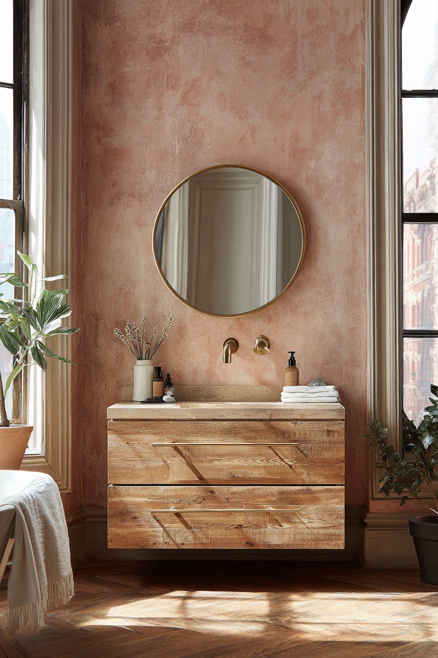 Floating Vanity Against Textured Terracotta Wall