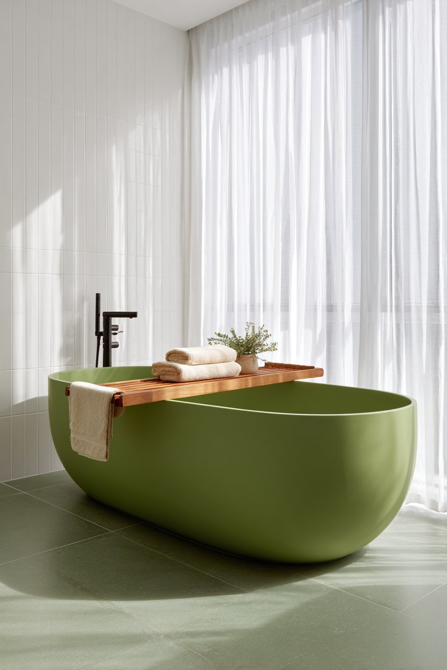 Elegant Freestanding Tub on Olive Green Floor Tiles