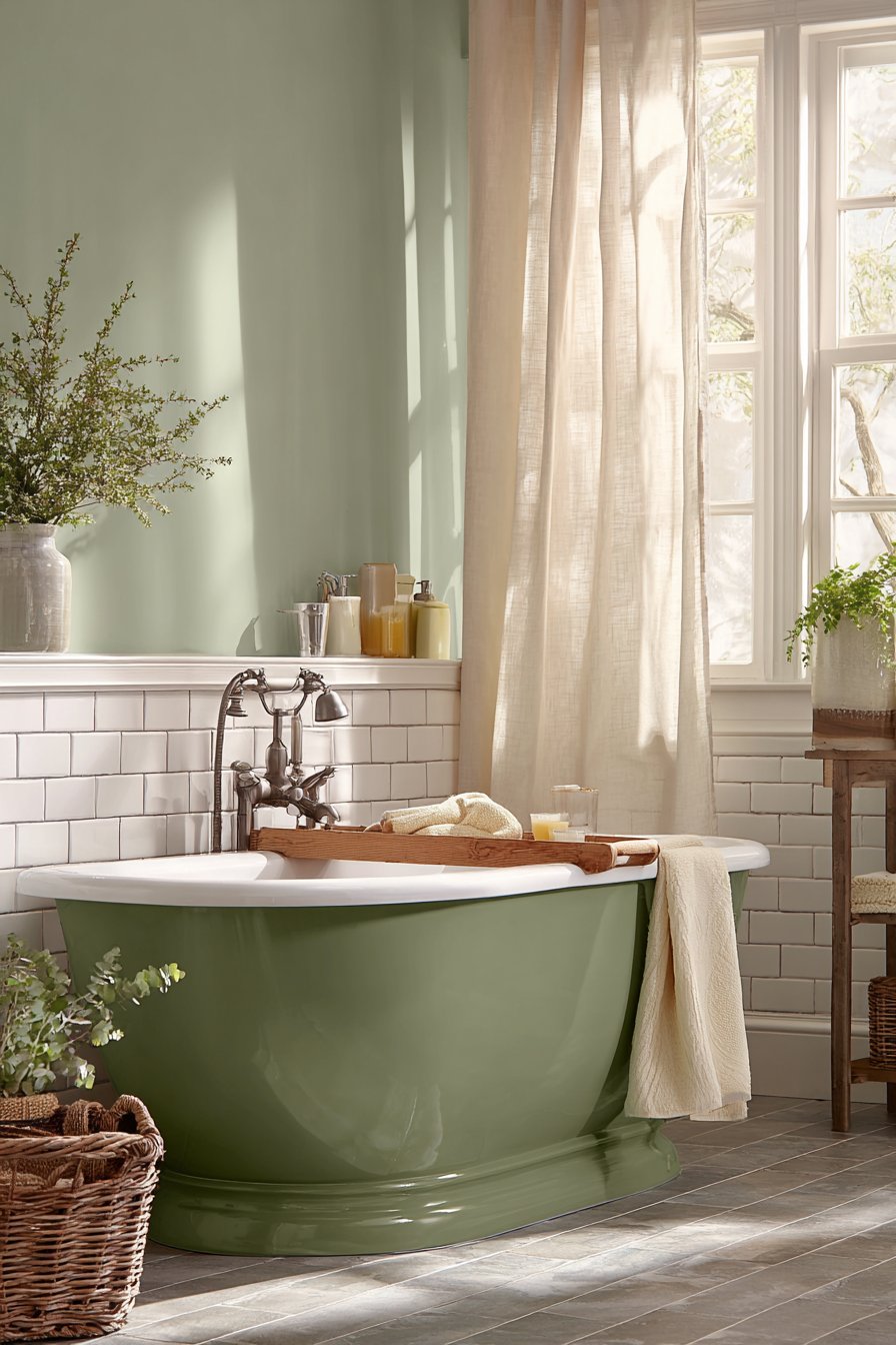 Elegant Freestanding Tub on Olive Green Floor Tiles