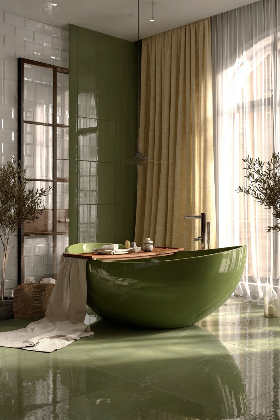 Elegant Freestanding Tub on Olive Green Floor Tiles