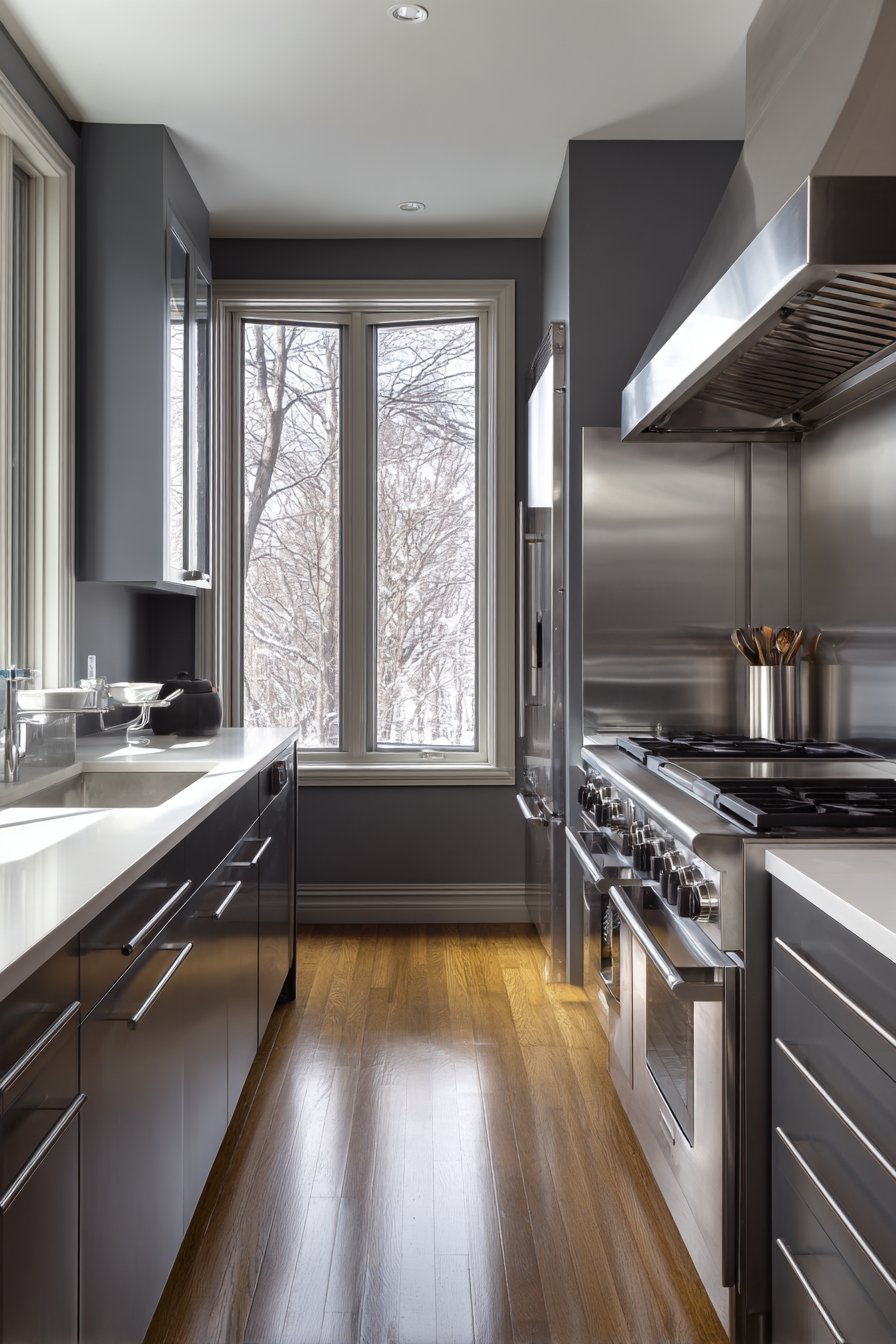 Dramatic Floor-to-Ceiling Stainless Steel Backsplash Feature Wall